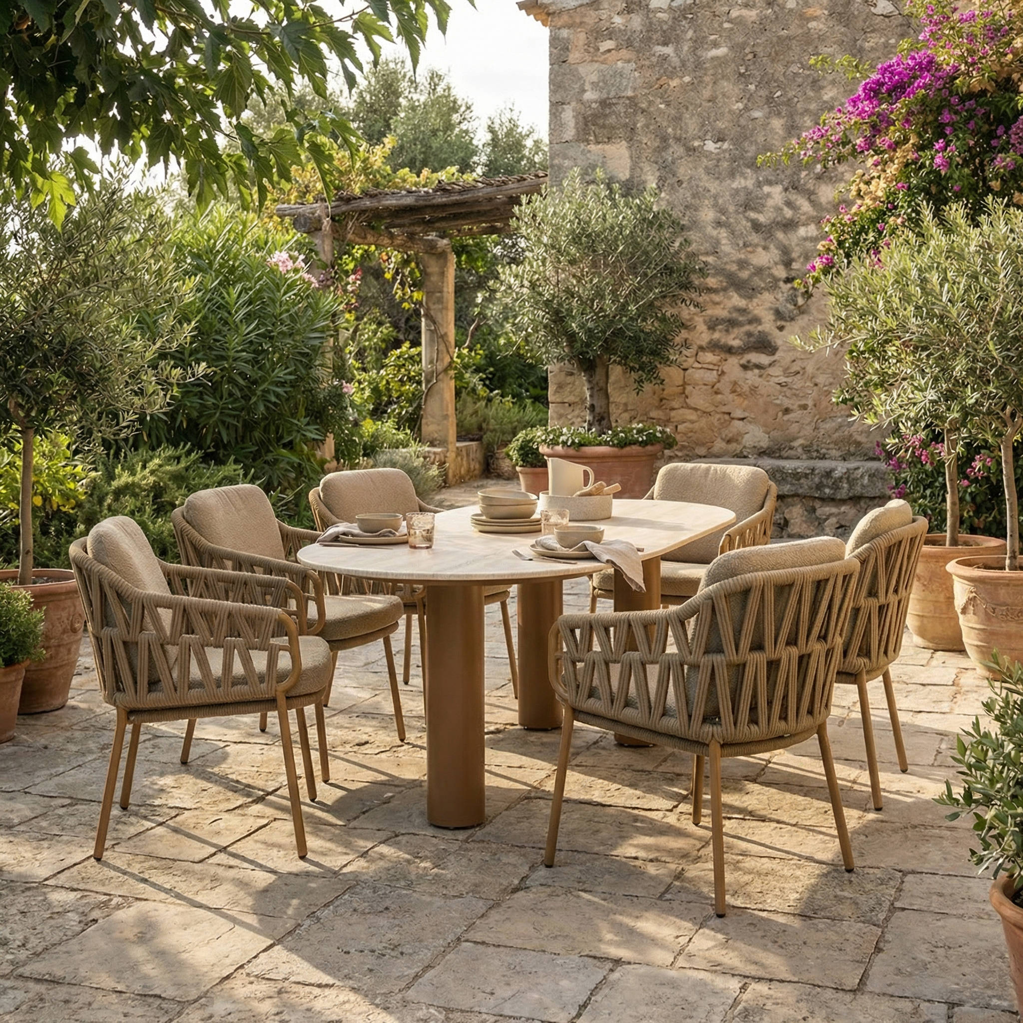 Ensemble Table de jardin EVOA céramique L240 & 6 chaises BIVORA coussin grège ambré