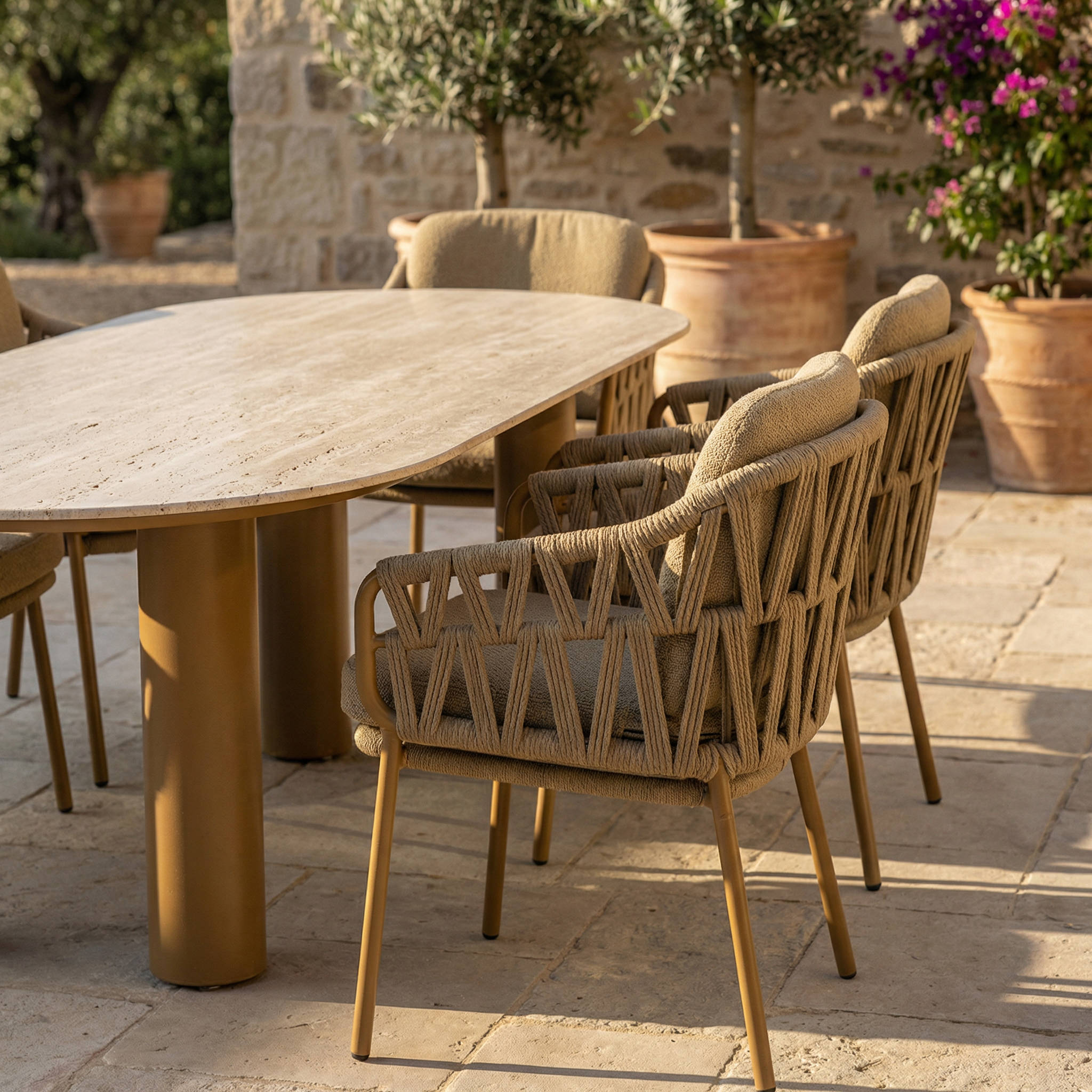 Ensemble Table de jardin EVOA céramique L240 & 6 chaises BIVORA coussin grège ambré