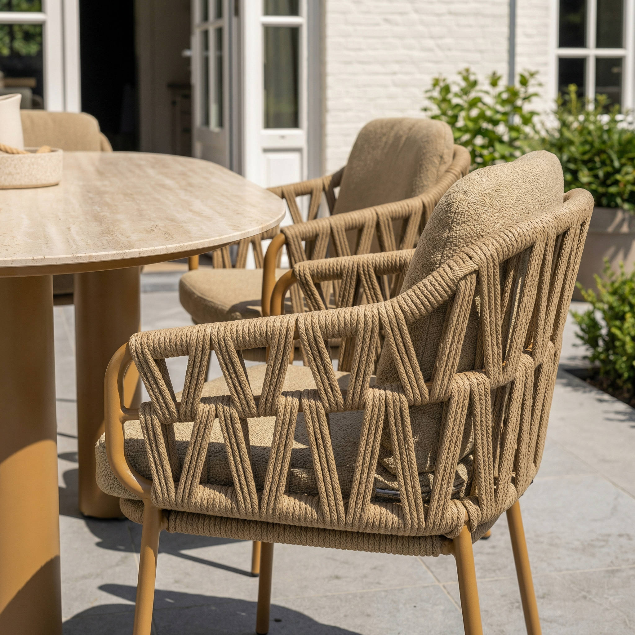 Ensemble Table de jardin EVOA céramique L240 & 6 chaises BIVORA coussin grège ambré