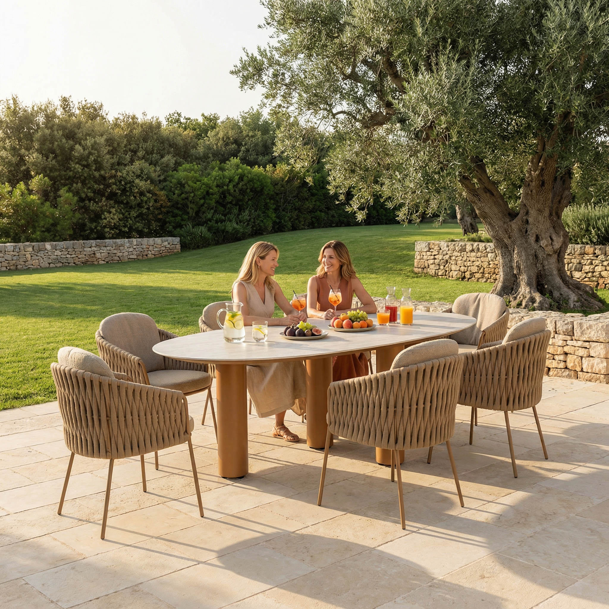 Ensemble Table de jardin EVOA céramique L240 & 6 chaises MOVARA coussin sable chaud