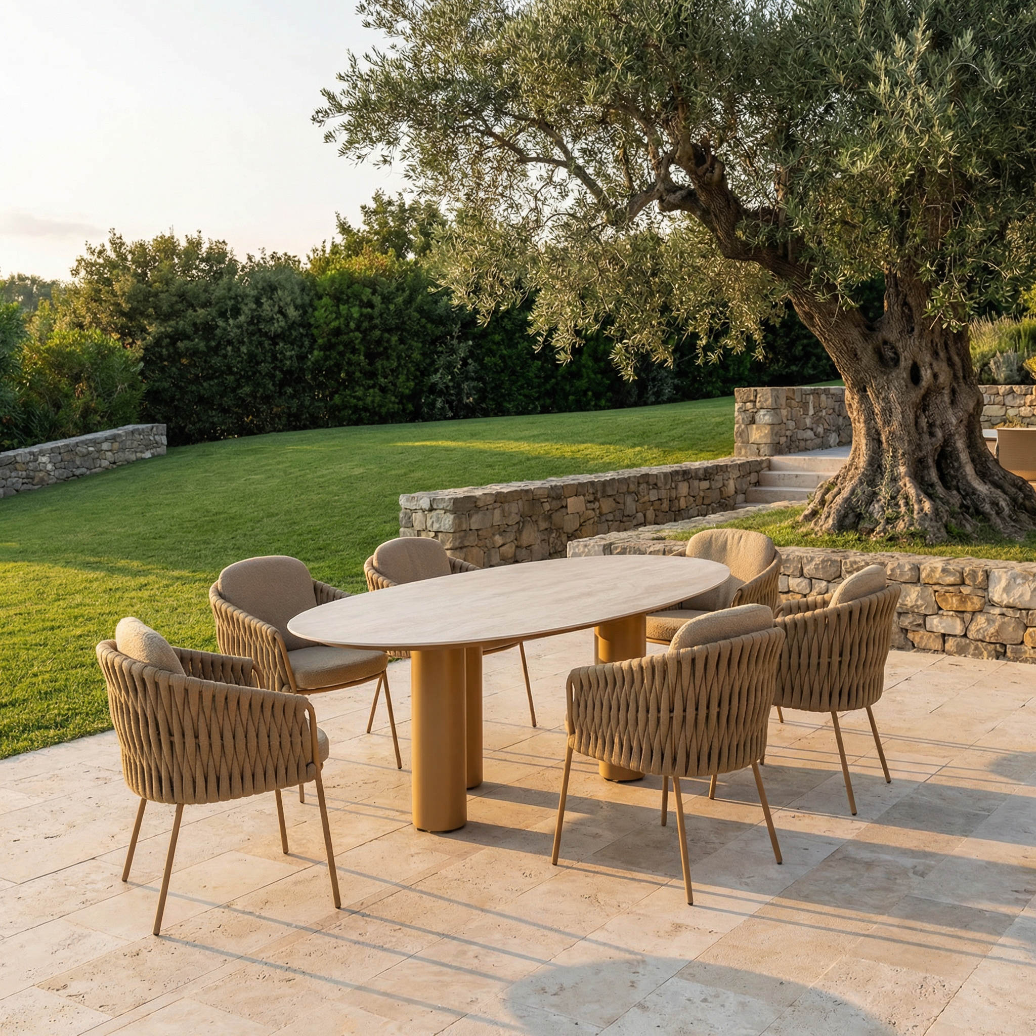 Ensemble Table de jardin EVOA céramique L240 & 6 chaises MOVARA coussin sable chaud