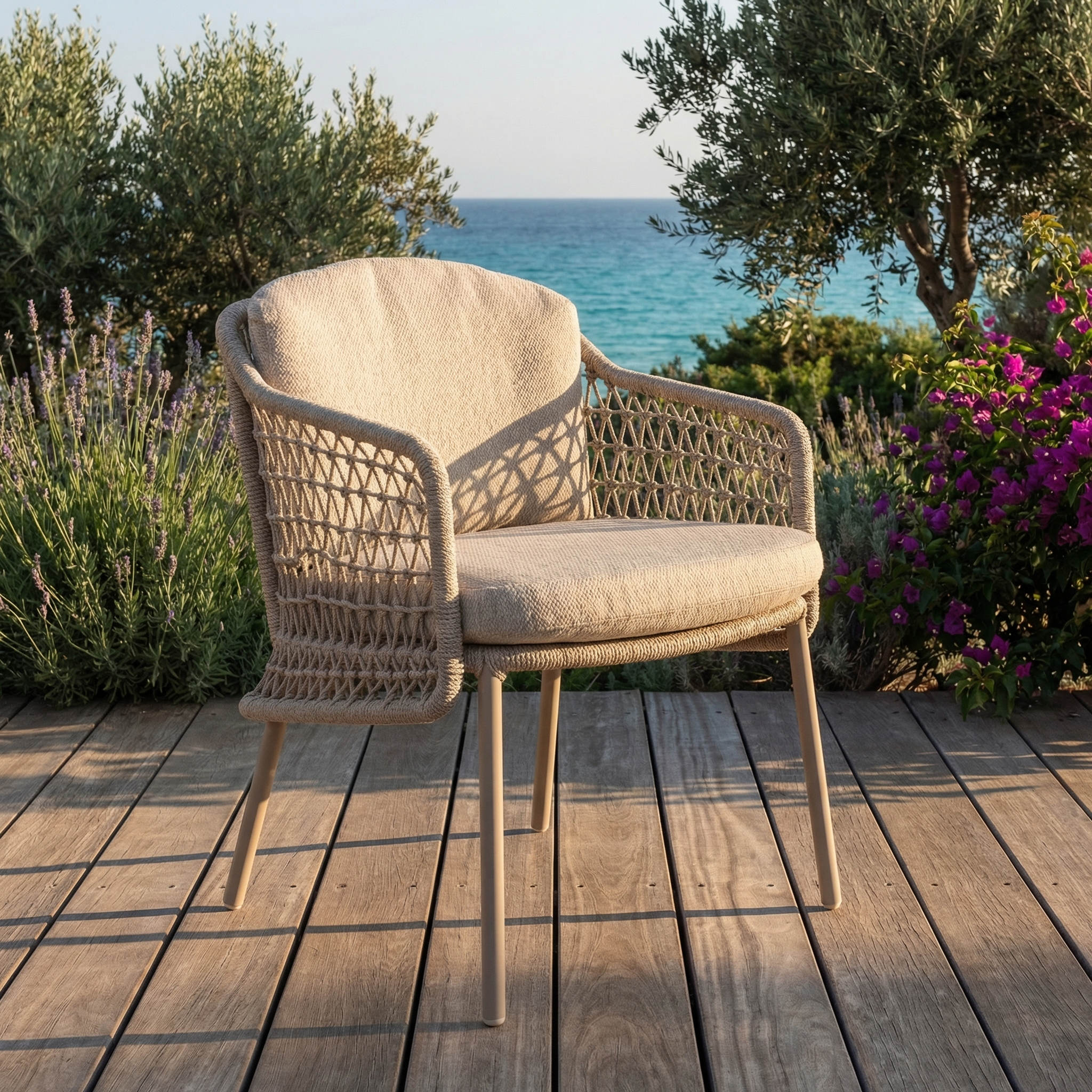 Ensemble Table de jardin EVOA céramique L240 & 6 chaises PERLINA coussin beige sable