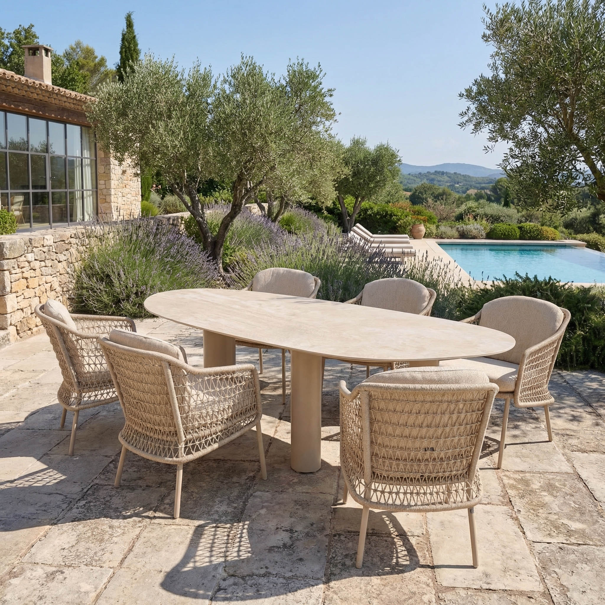Ensemble Table de jardin EVOA céramique L240 & 6 chaises PERLINA coussin beige sable