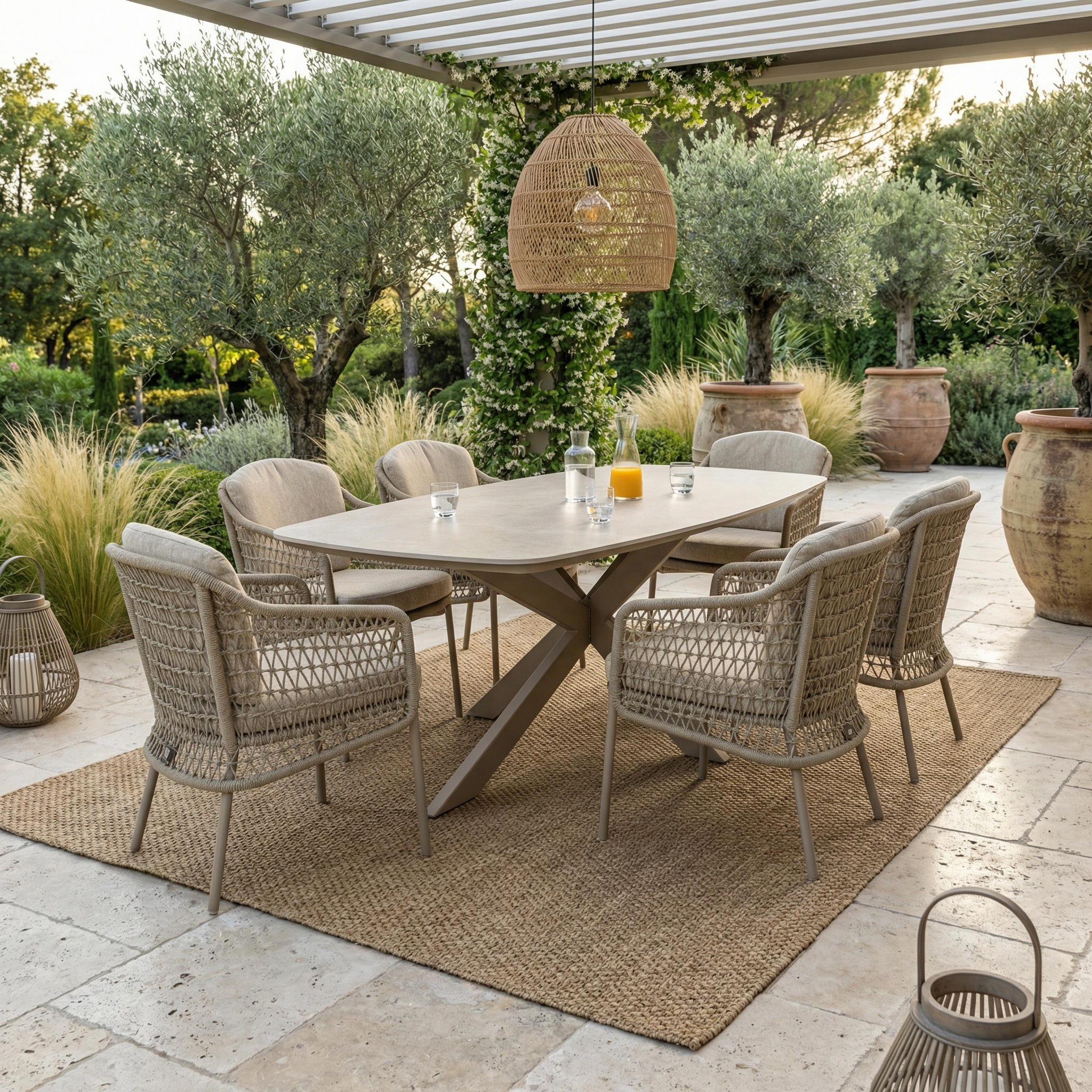 Ensemble Table de jardin PERLA céramique L240 & 6 chaises PERLINA coussin beige sable