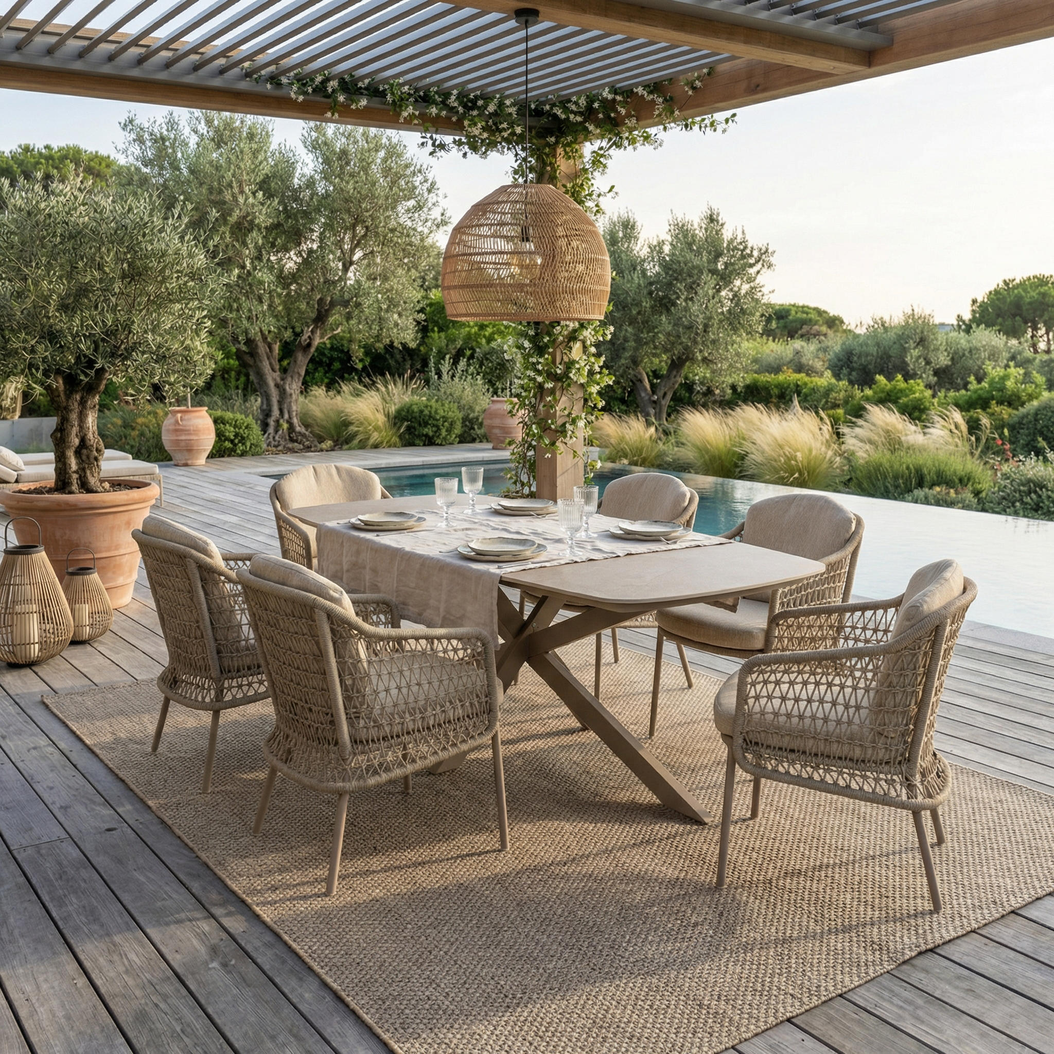 Ensemble Table de jardin PERLA céramique L240 & 6 chaises PERLINA coussin beige sable