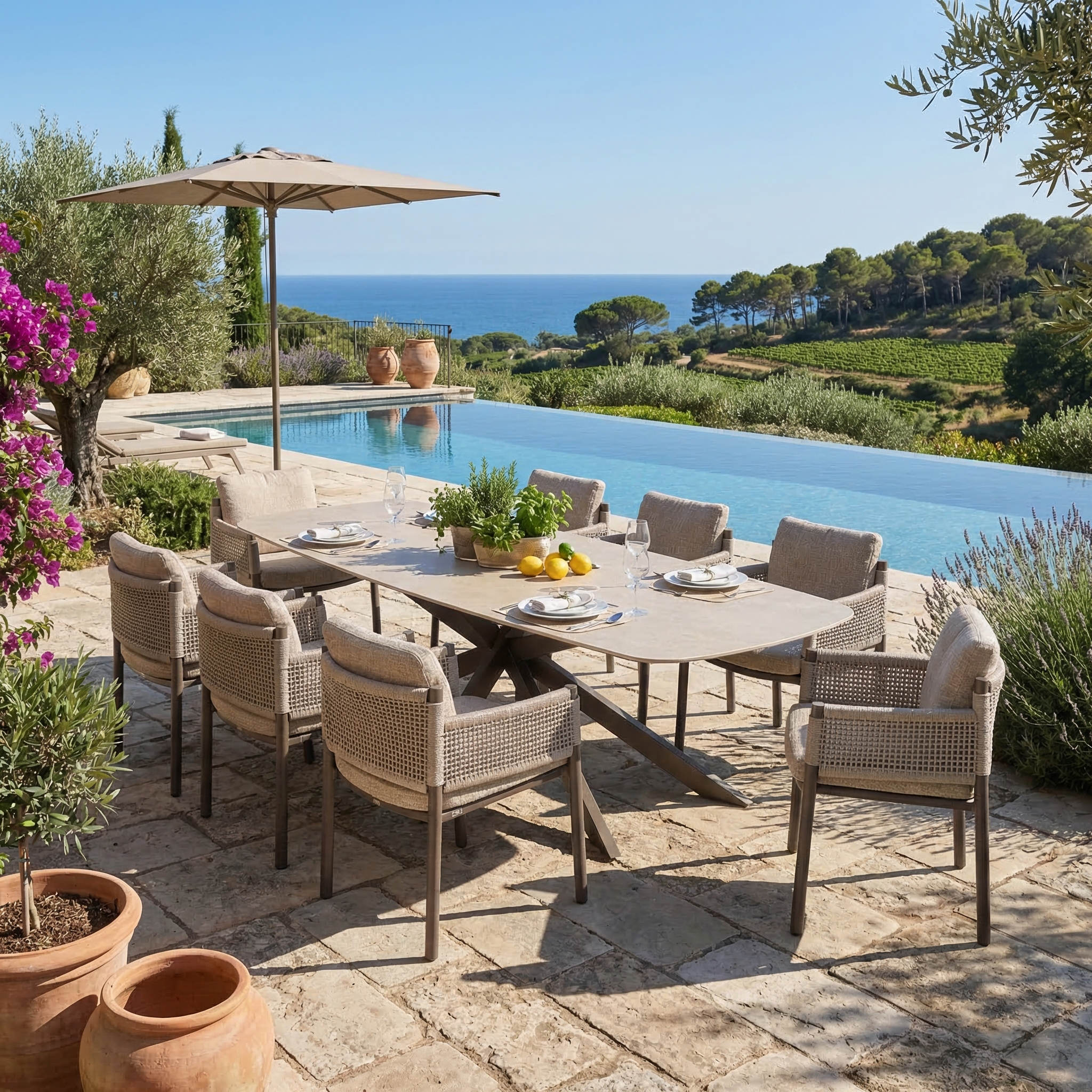 Ensemble Table de jardin PERLA céramique L240 & 8 chaises SOLARA coussin grège chiné