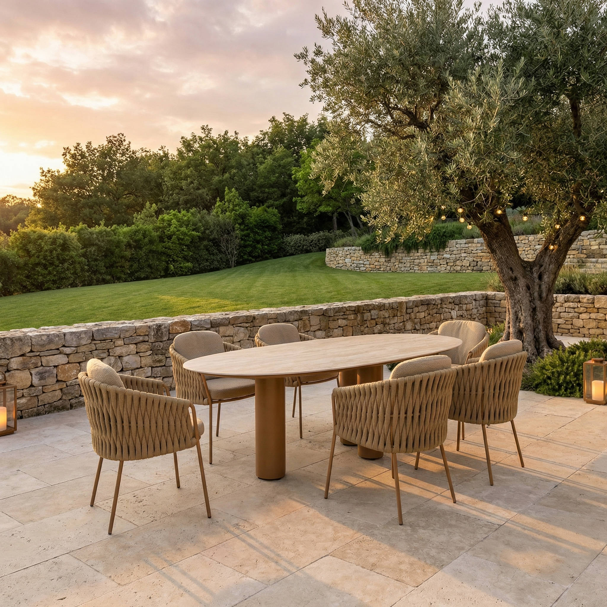 Ensemble Table de jardin EVOA céramique L240 & 6 chaises MOVARA coussin sable chaud