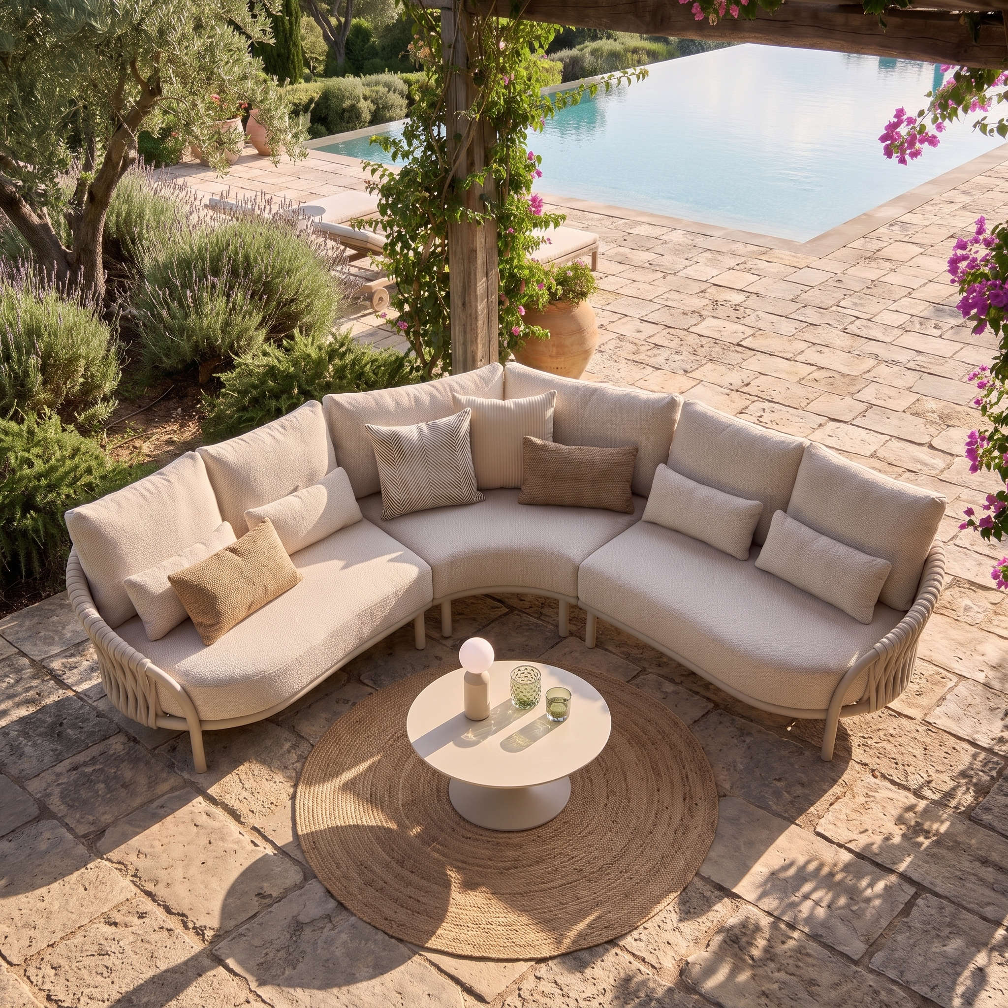 Salon de jardin FONDI 5 places avec table basse pierre frittée