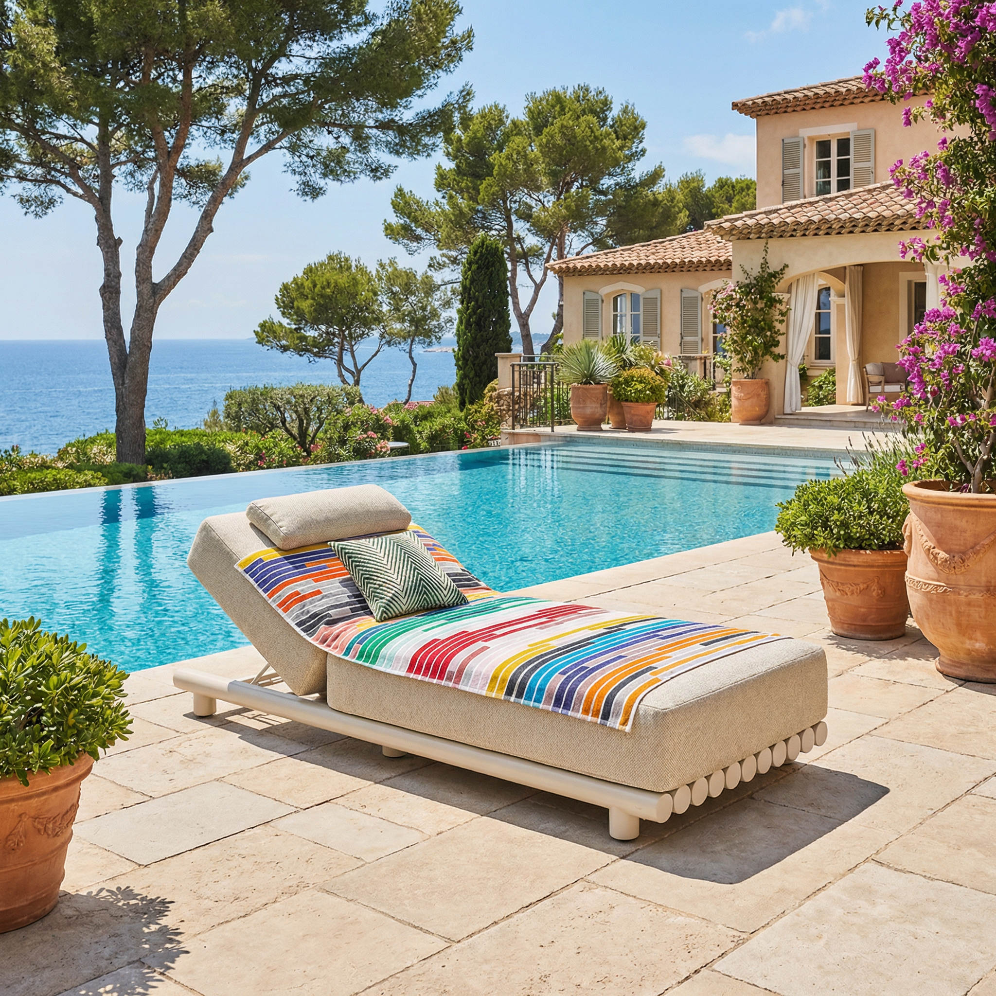 Bain de soleil LUNEX Agrégé dune au bord d'une piscine vue mer