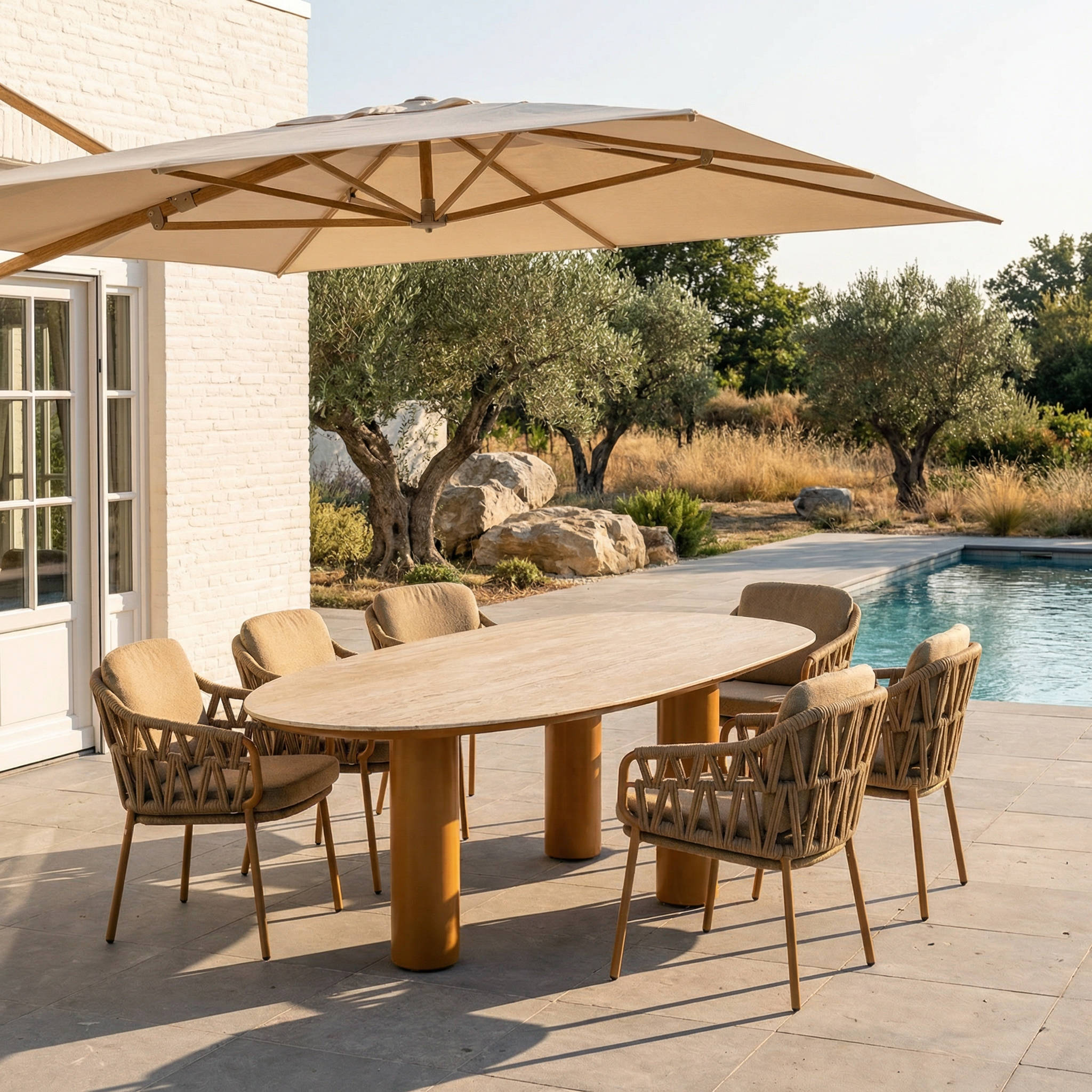 Ensemble Table de jardin EVOA céramique L240 & 6 chaises BIVORA coussin grège ambré