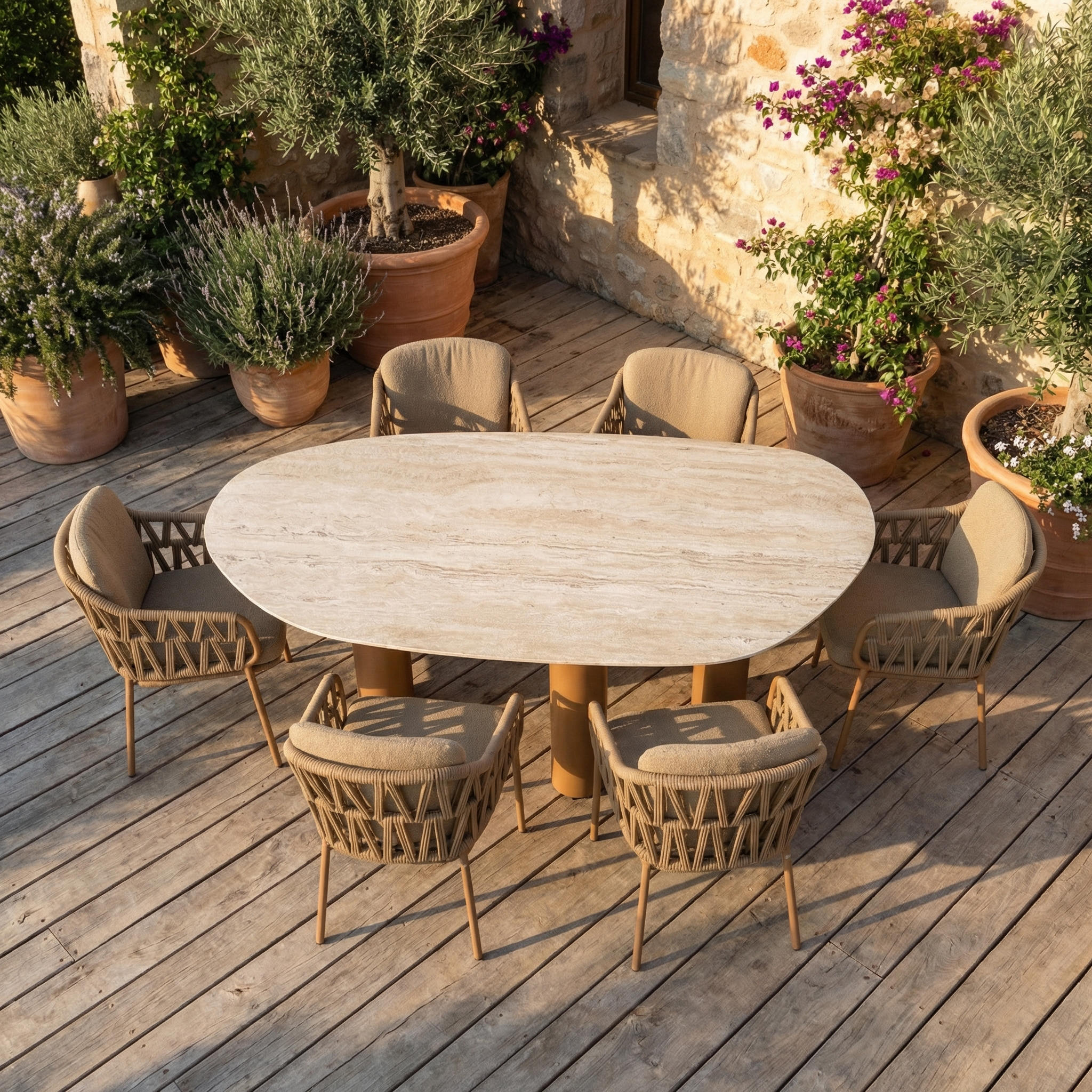 Ensemble Table de jardin EVOA céramique L240 & 6 chaises BIVORA coussin grège ambré
