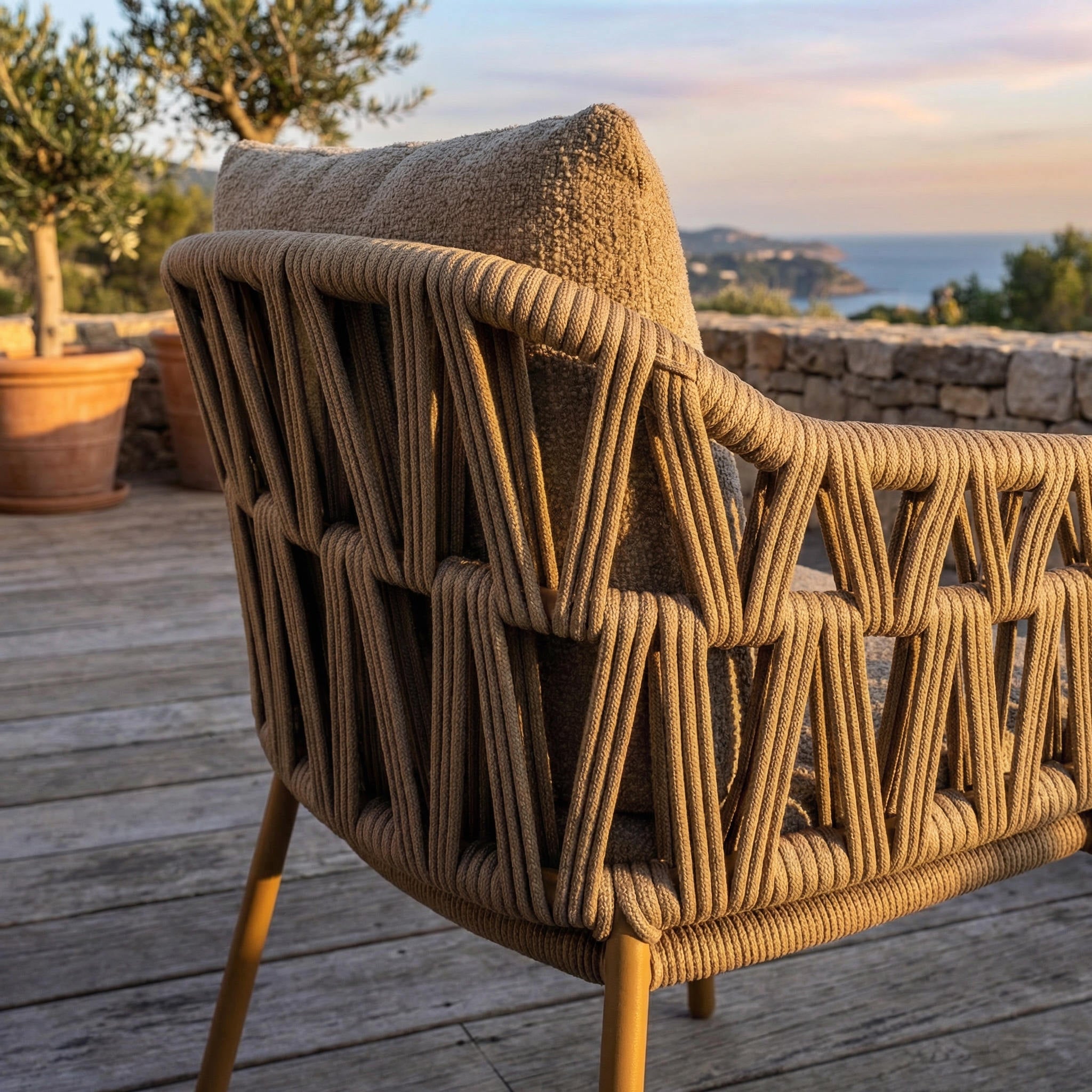 Ensemble Table de jardin EVOA céramique L240 & 6 chaises BIVORA coussin grège ambré