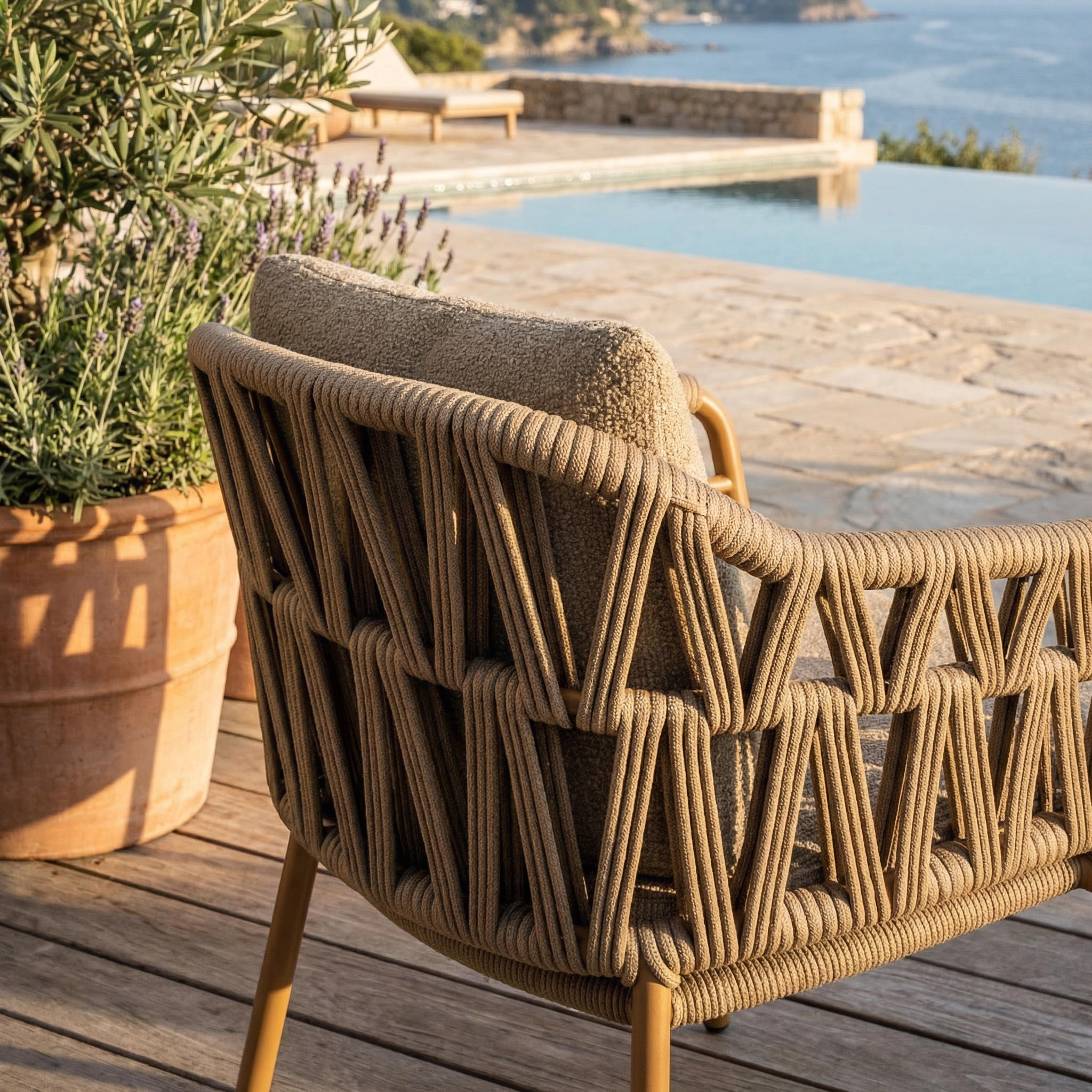 Ensemble Table de jardin EVOA céramique L240 & 6 chaises BIVORA coussin grège ambré