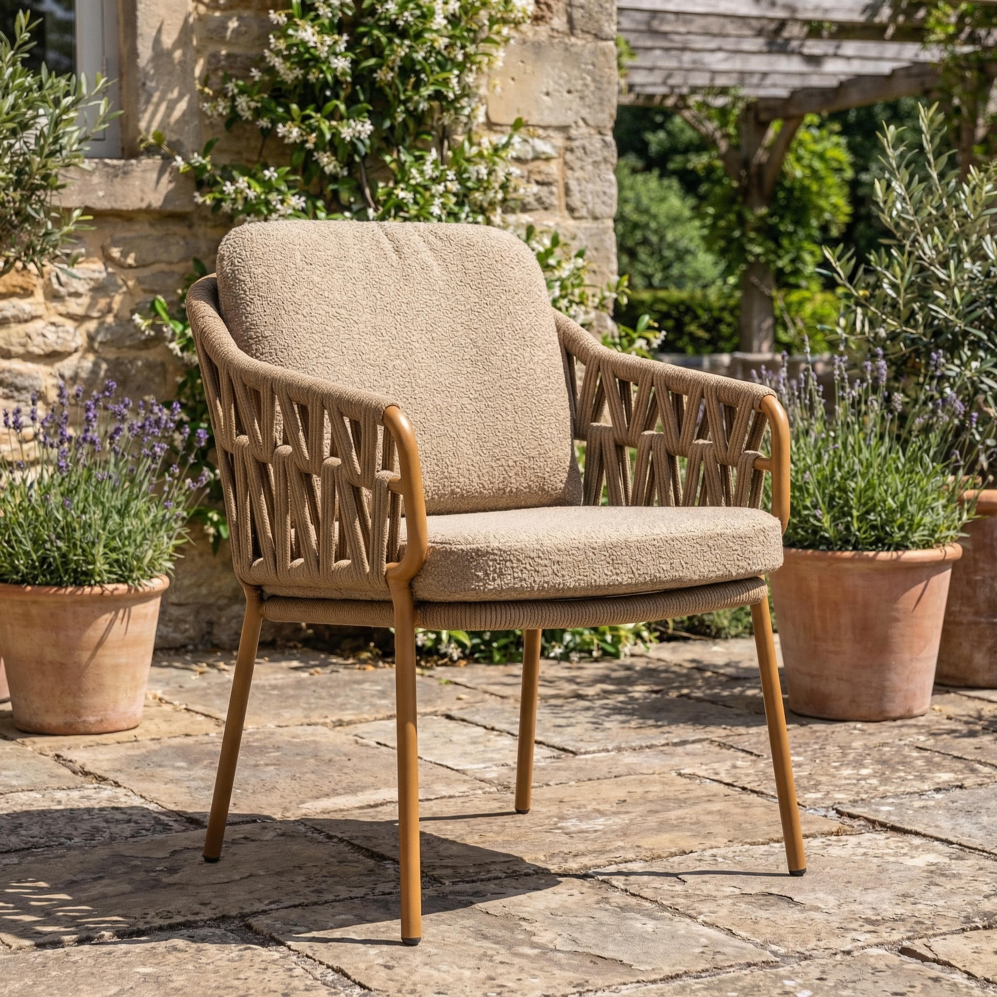 Ensemble Table de jardin EVOA céramique L240 & 6 chaises BIVORA coussin grège ambré