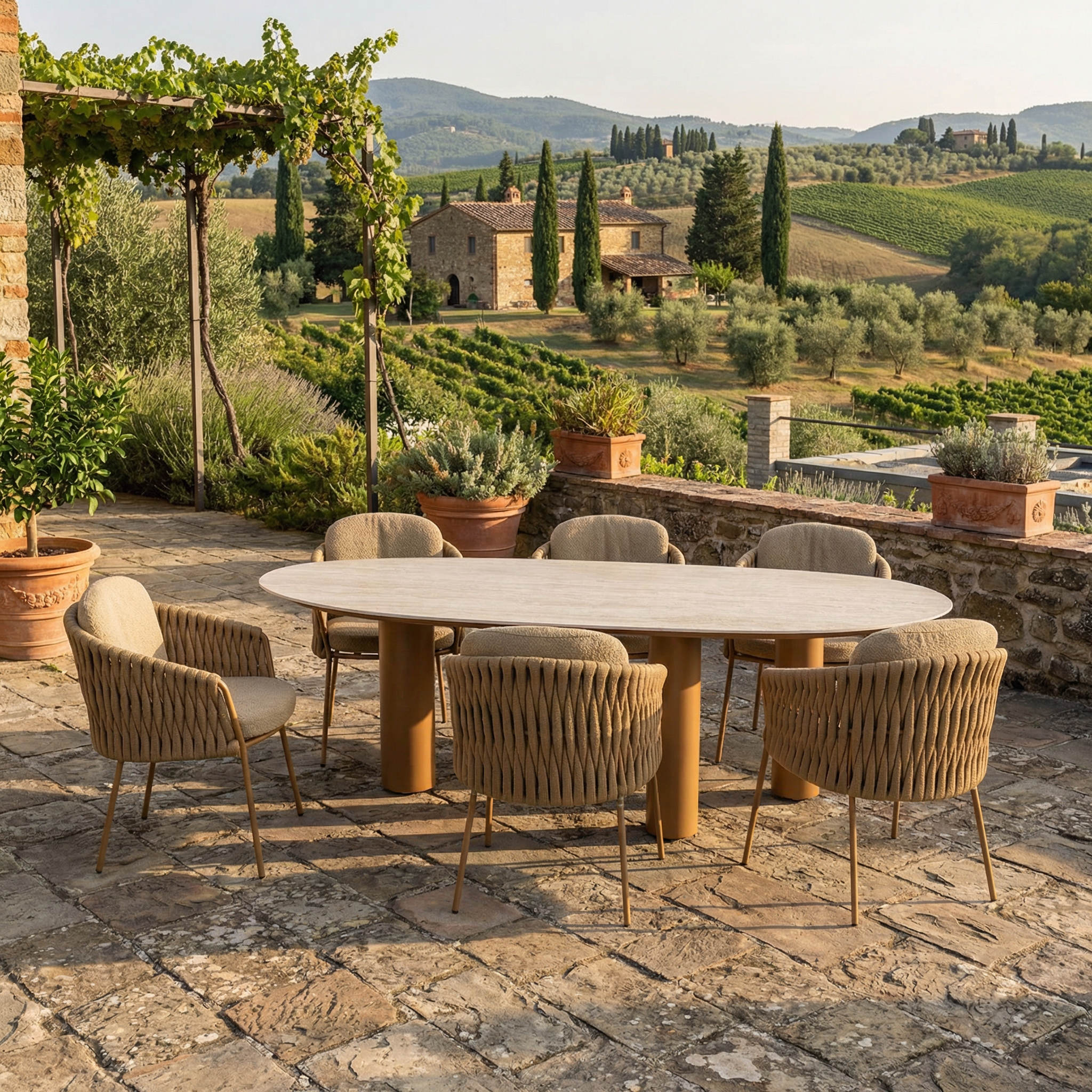 Ensemble Table de jardin EVOA céramique L240 & 6 chaises MOVARA coussin sable chaud