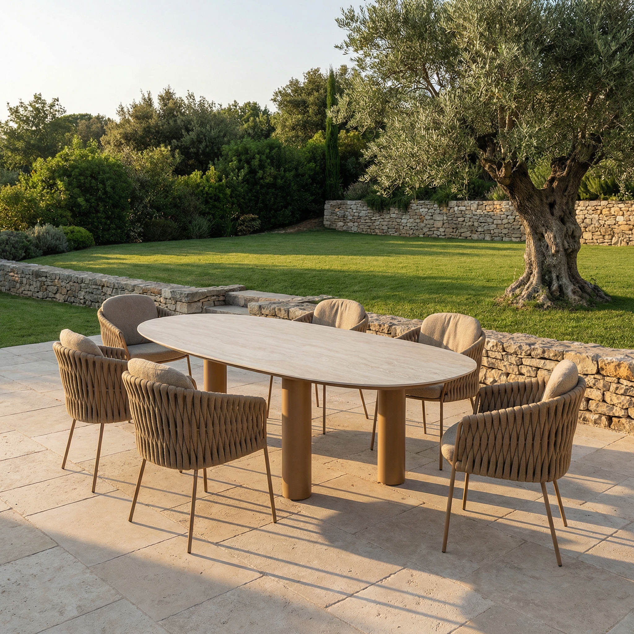 Ensemble Table de jardin EVOA céramique L240 & 6 chaises MOVARA coussin sable chaud