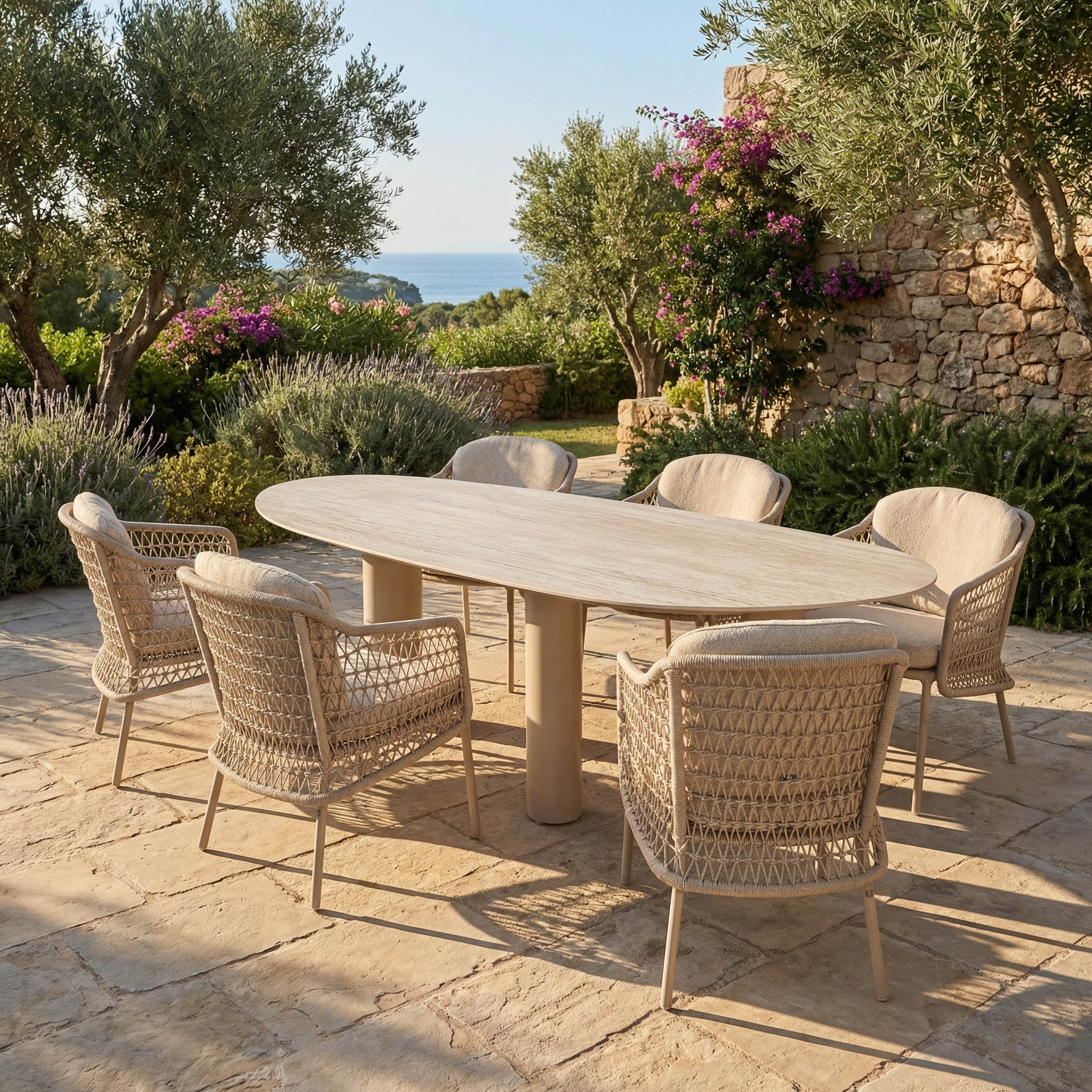 Ensemble Table de jardin EVOA céramique L240 & 6 chaises PERLINA coussin beige sable