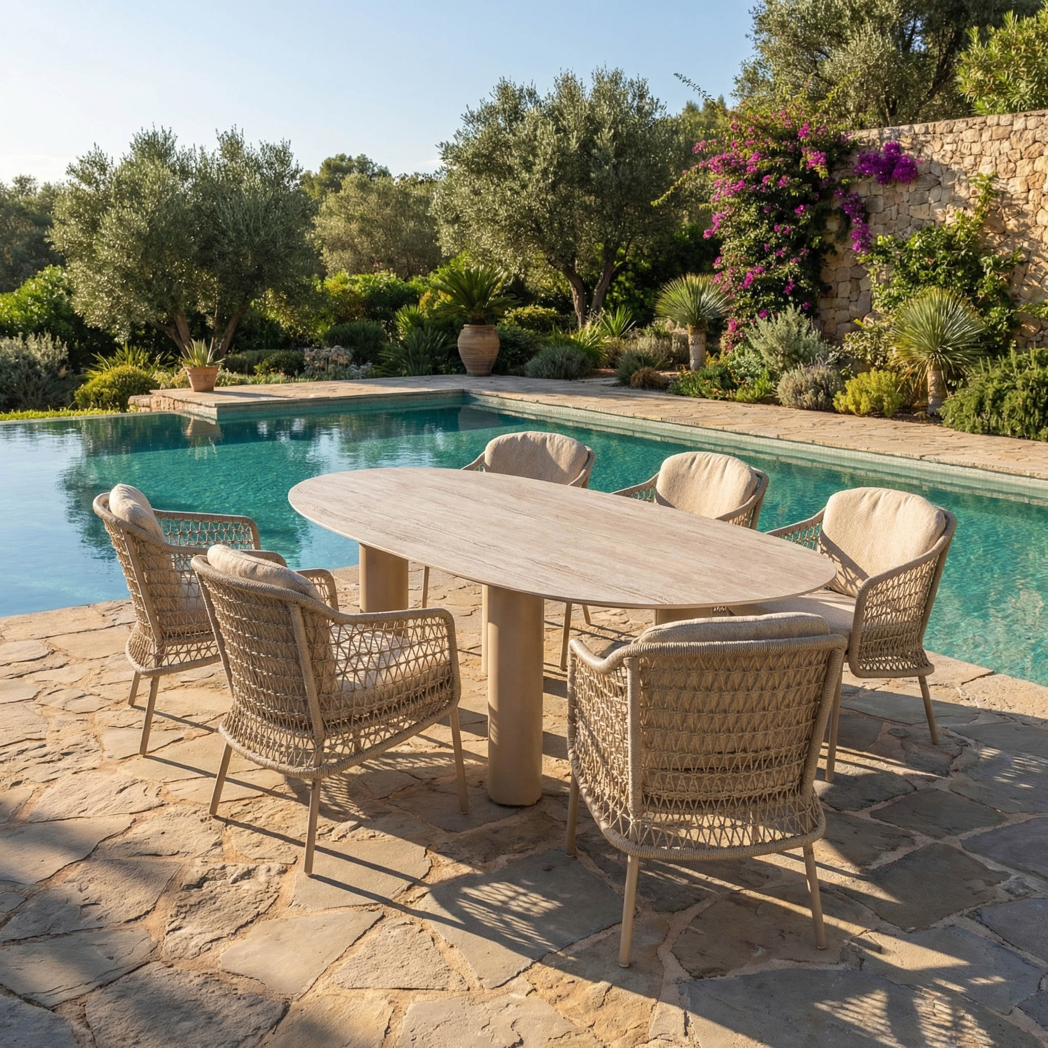 Ensemble Table de jardin EVOA céramique L240 & 6 chaises PERLINA coussin beige sable