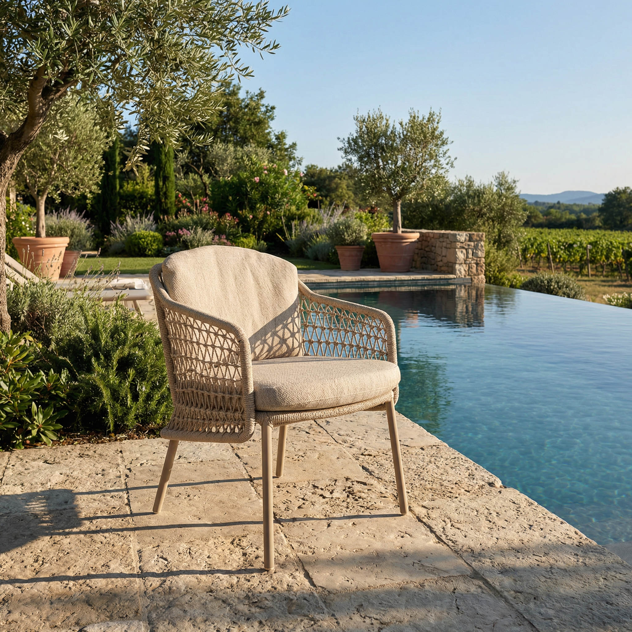 Ensemble Table de jardin EVOA céramique L240 & 6 chaises PERLINA coussin beige sable