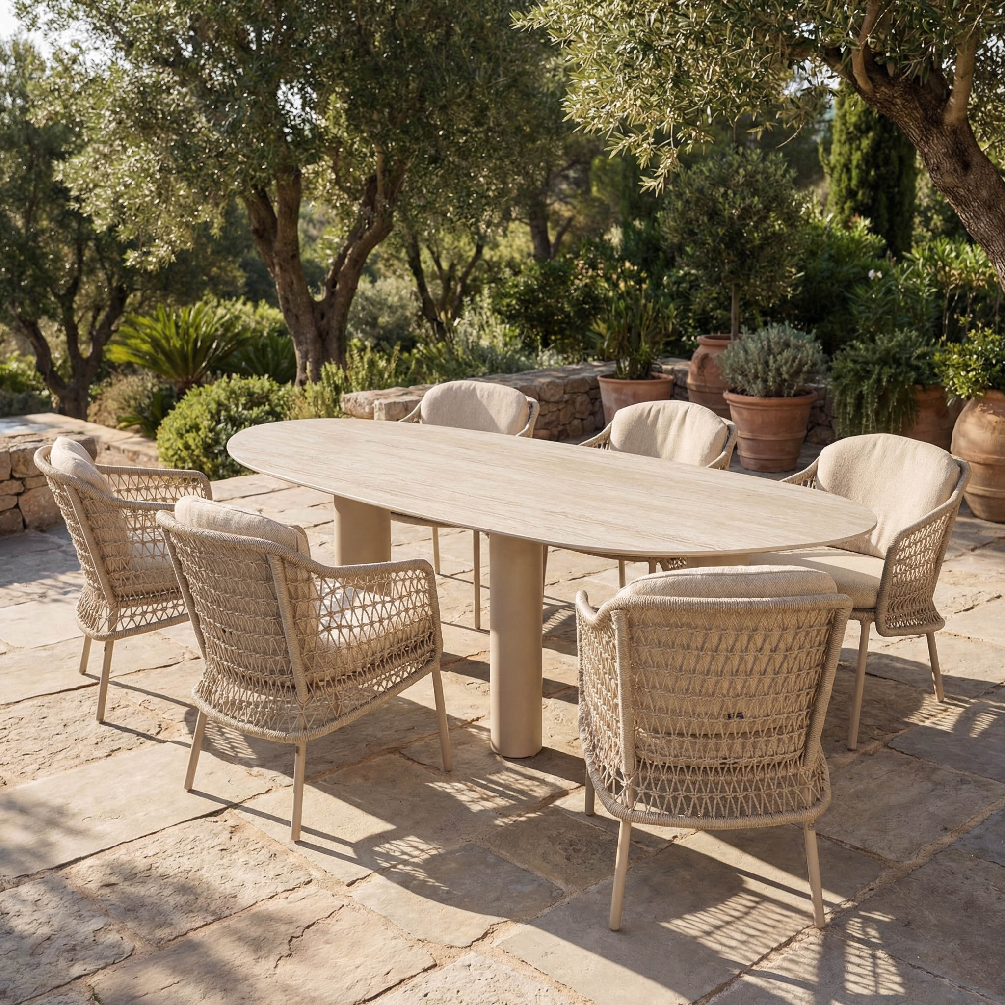 Ensemble Table de jardin EVOA céramique L240 & 6 chaises PERLINA coussin beige sable