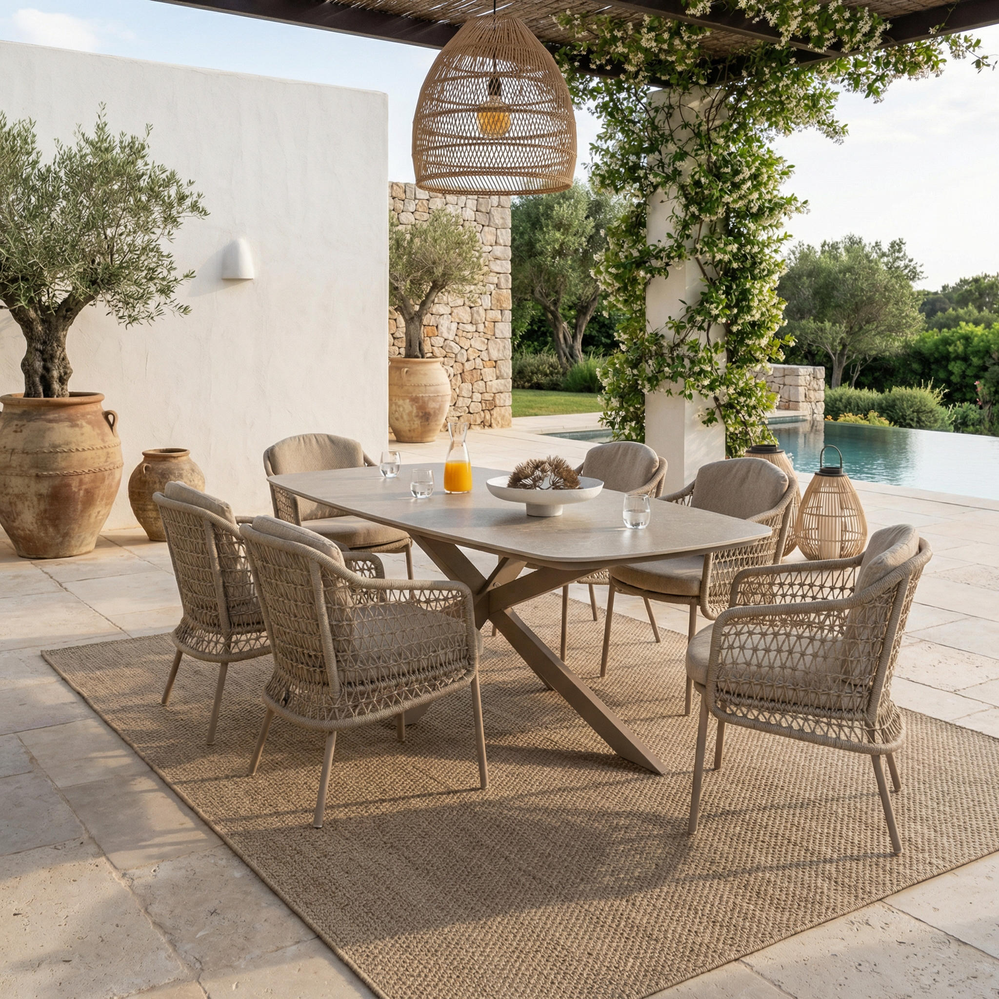 Ensemble Table de jardin PERLA céramique L240 & 6 chaises PERLINA coussin beige sable