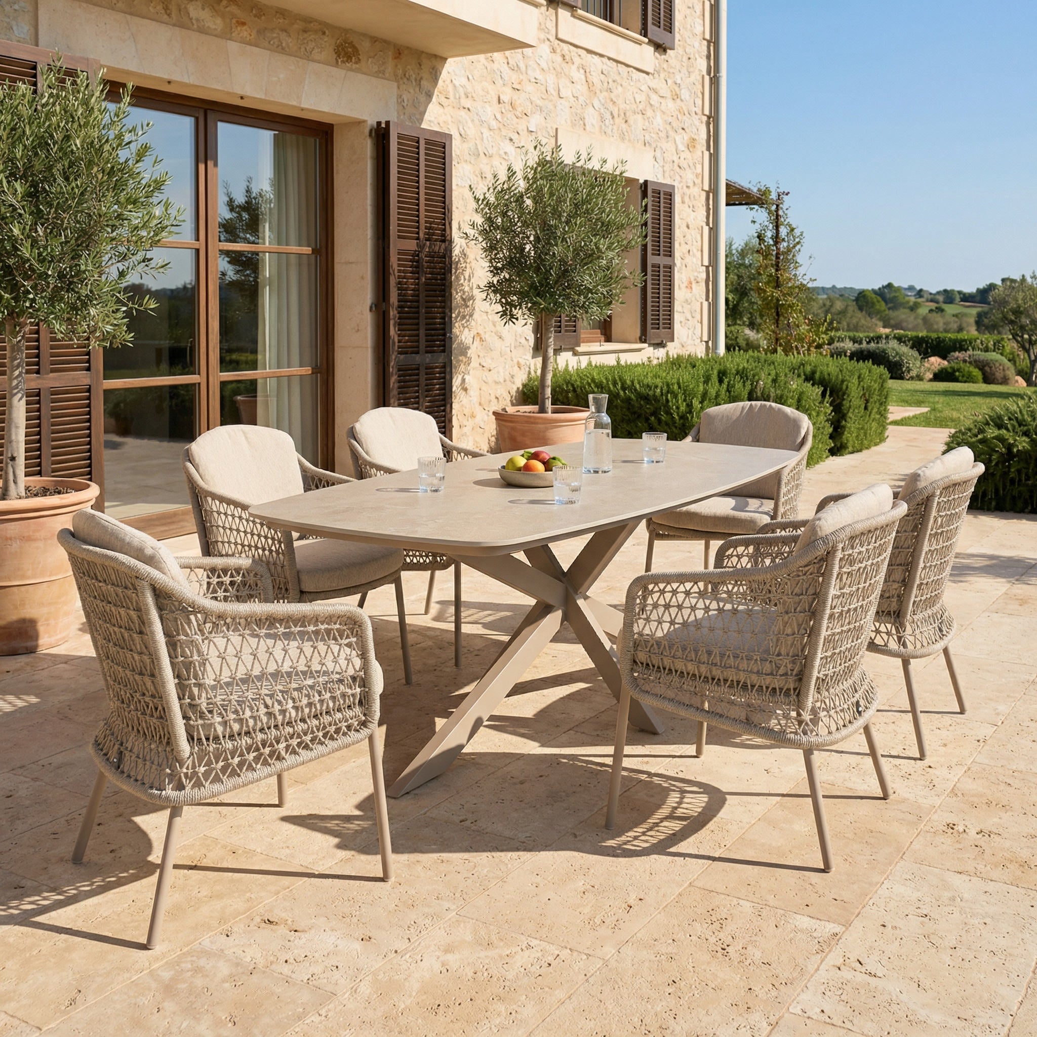 Ensemble Table de jardin PERLA céramique L240 & 6 chaises PERLINA coussin beige sable