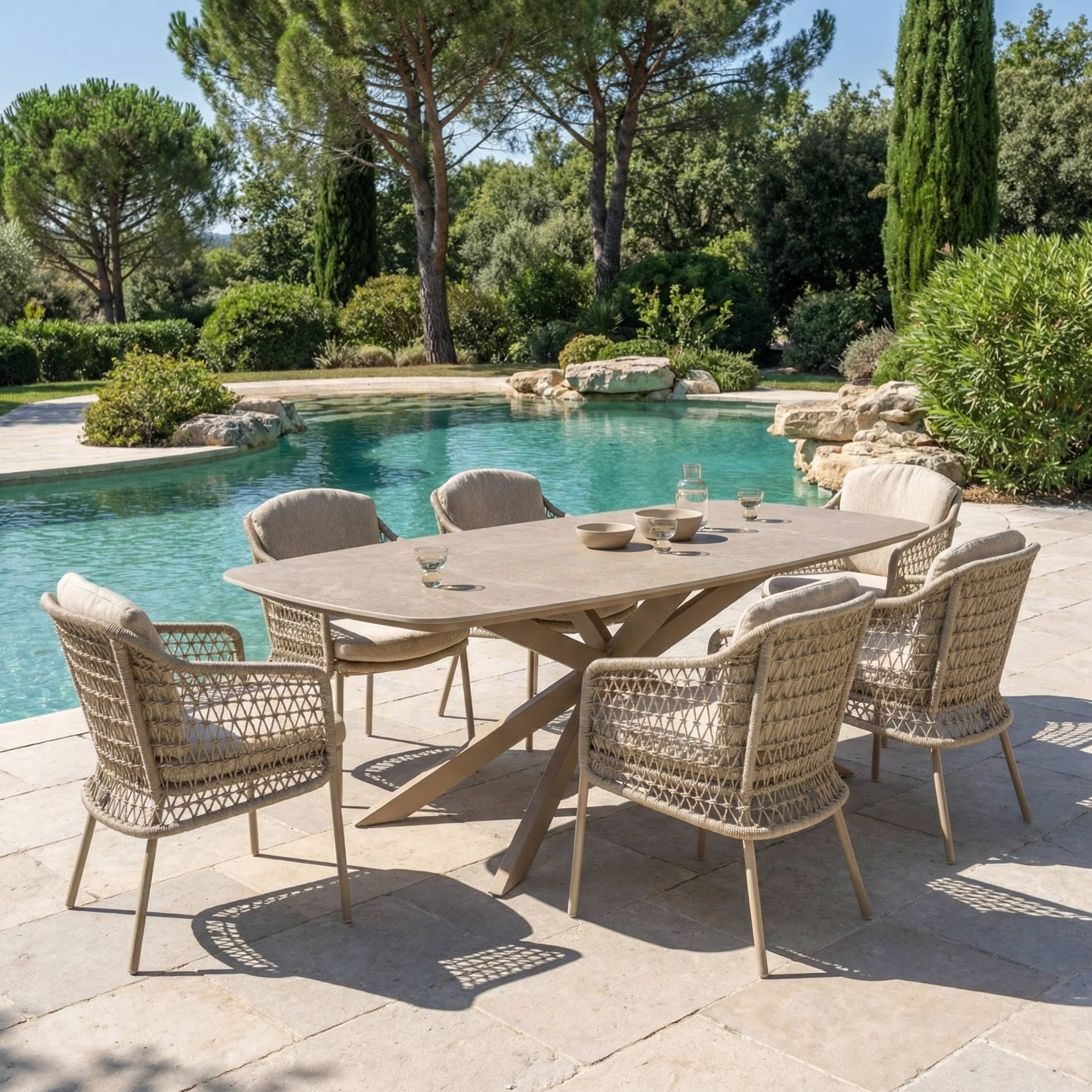 Ensemble Table de jardin PERLA céramique L240 & 6 chaises PERLINA coussin beige sable