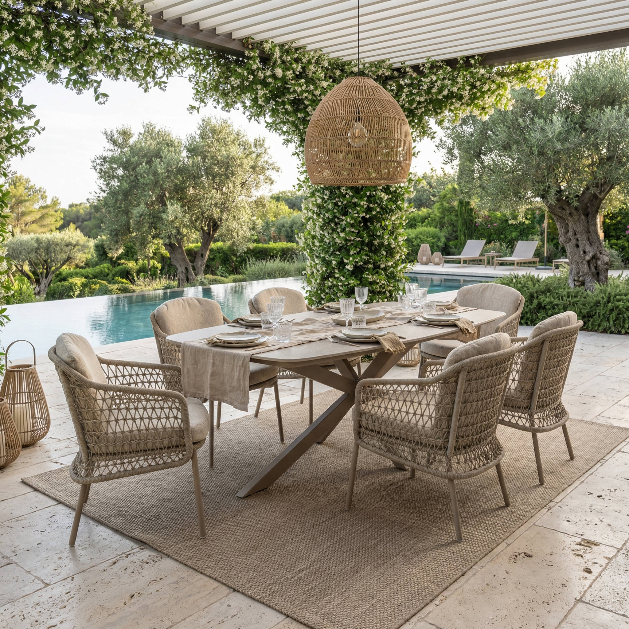 Ensemble Table de jardin PERLA céramique L240 & 6 chaises PERLINA coussin beige sable