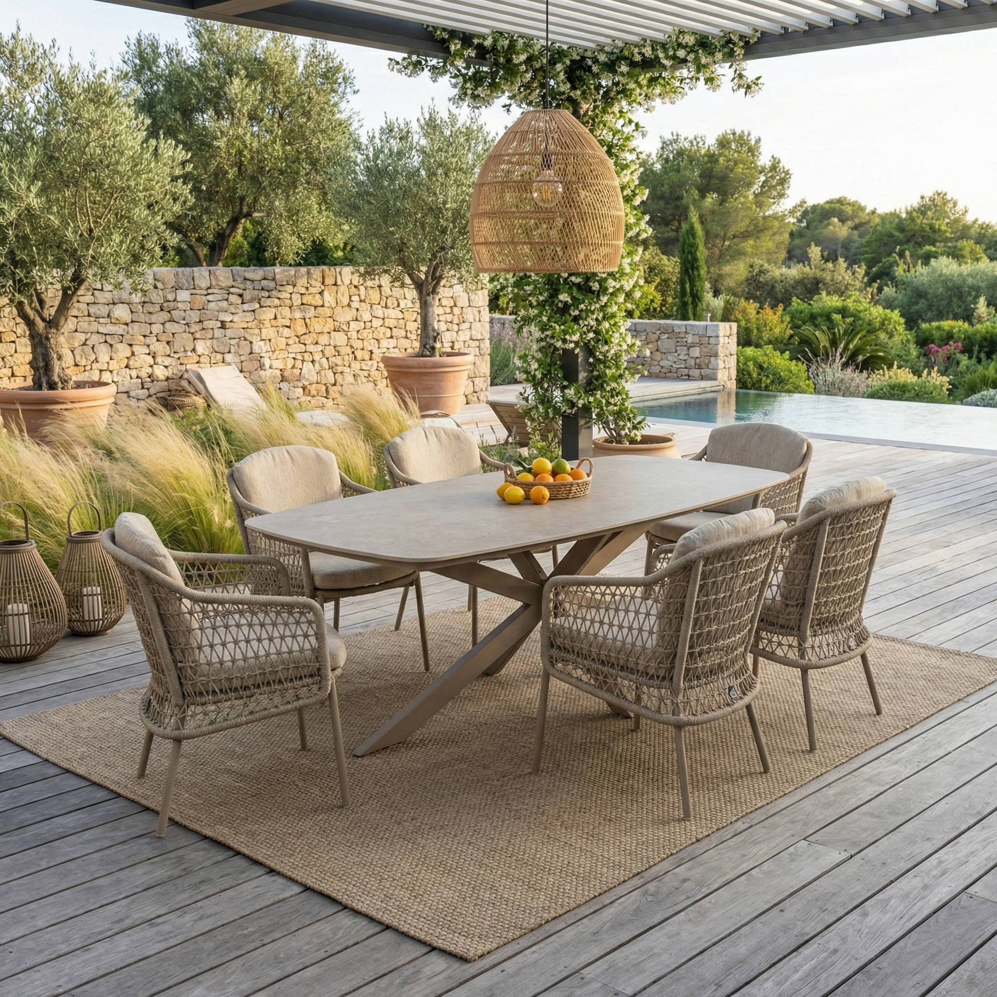 Ensemble Table de jardin PERLA céramique L240 & 6 chaises PERLINA coussin beige sable