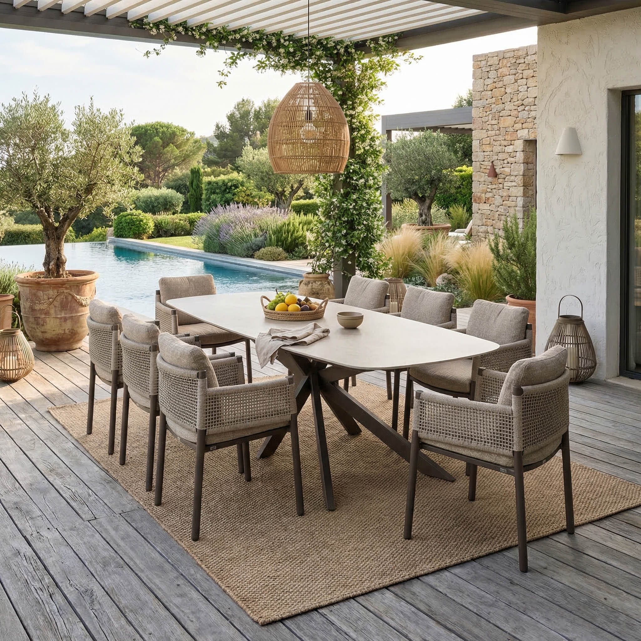 Ensemble Table de jardin PERLA céramique L240 & 8 chaises SOLARA coussin grège chiné