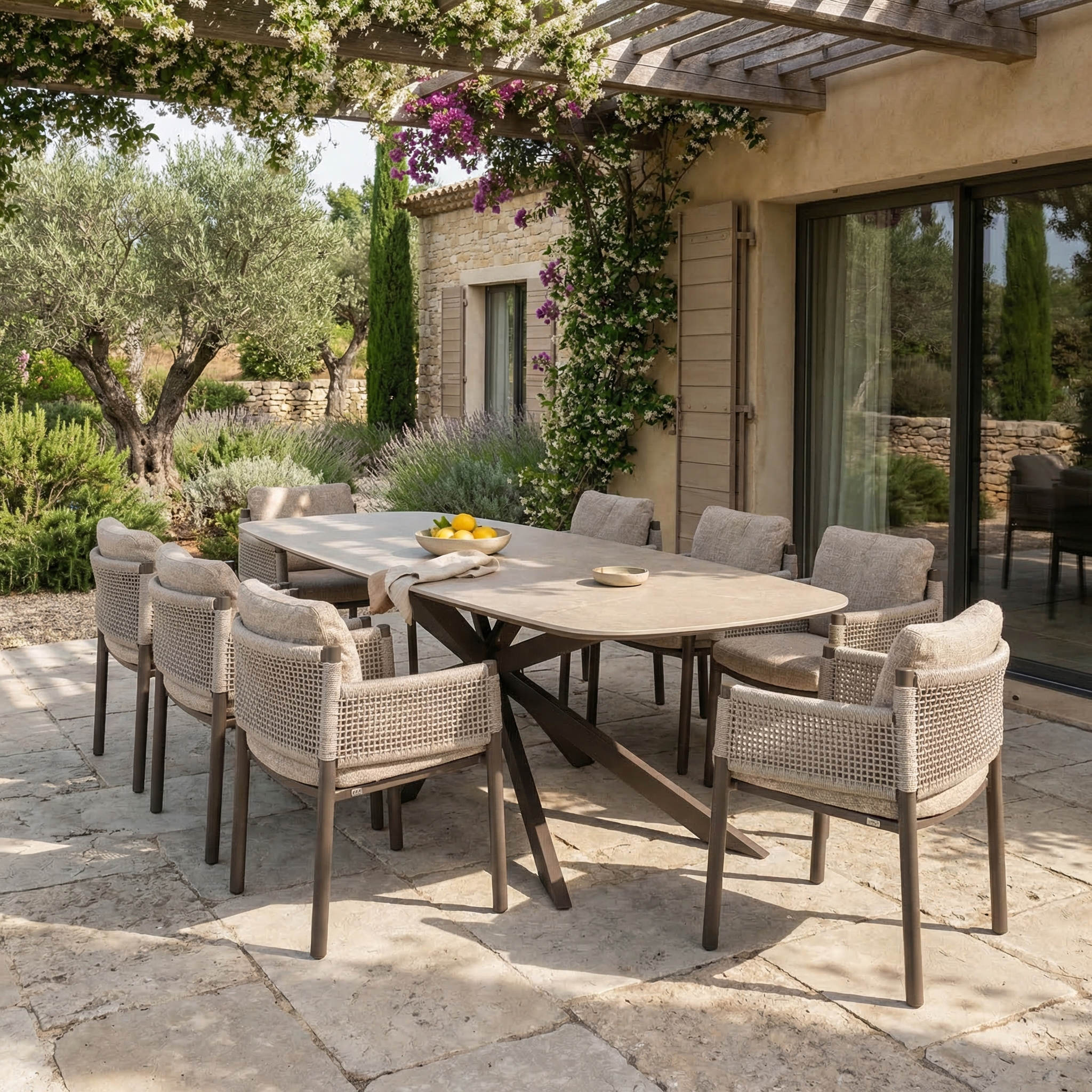 Ensemble Table de jardin PERLA céramique L240 & 8 chaises SOLARA coussin grège chiné