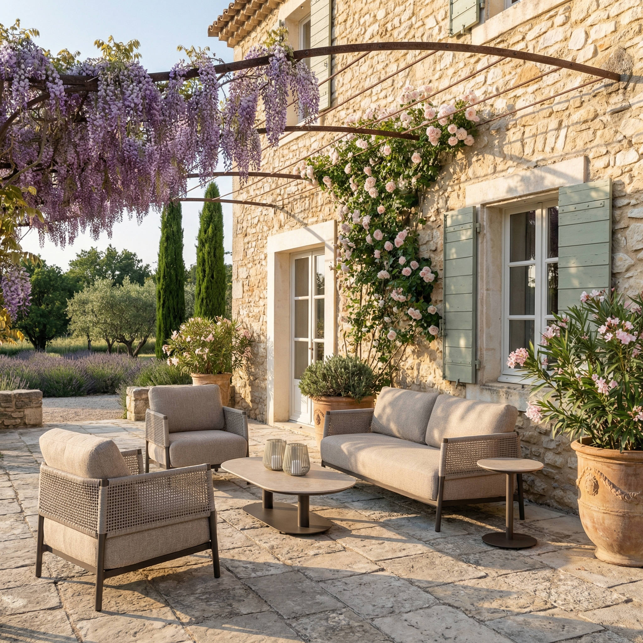 Salon de jardin SOLARA 5 places avec grande table basse et table d’appoint