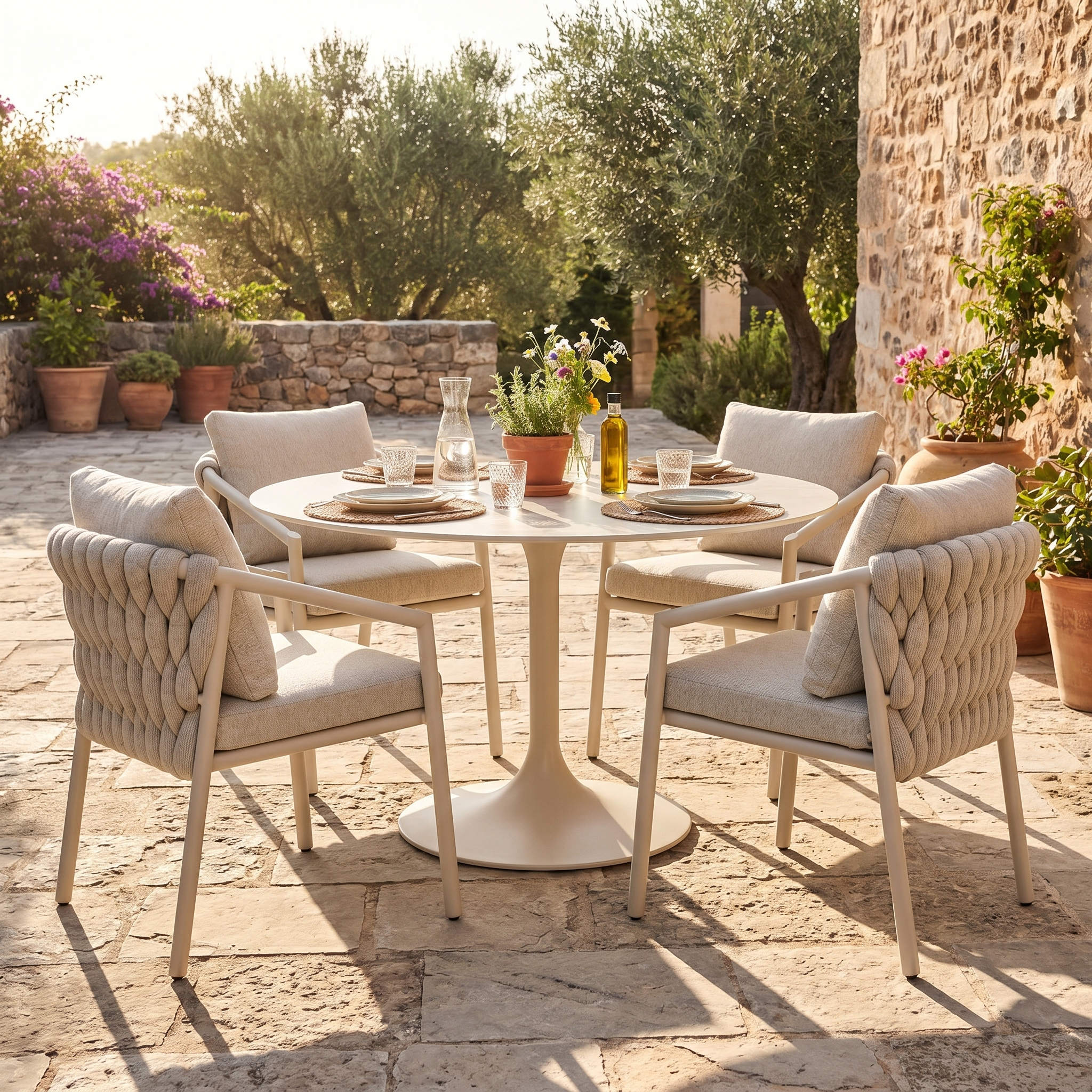 Ensemble table Nexa et chaises Savio installé sur une terrasse ensoleillée avec piscine