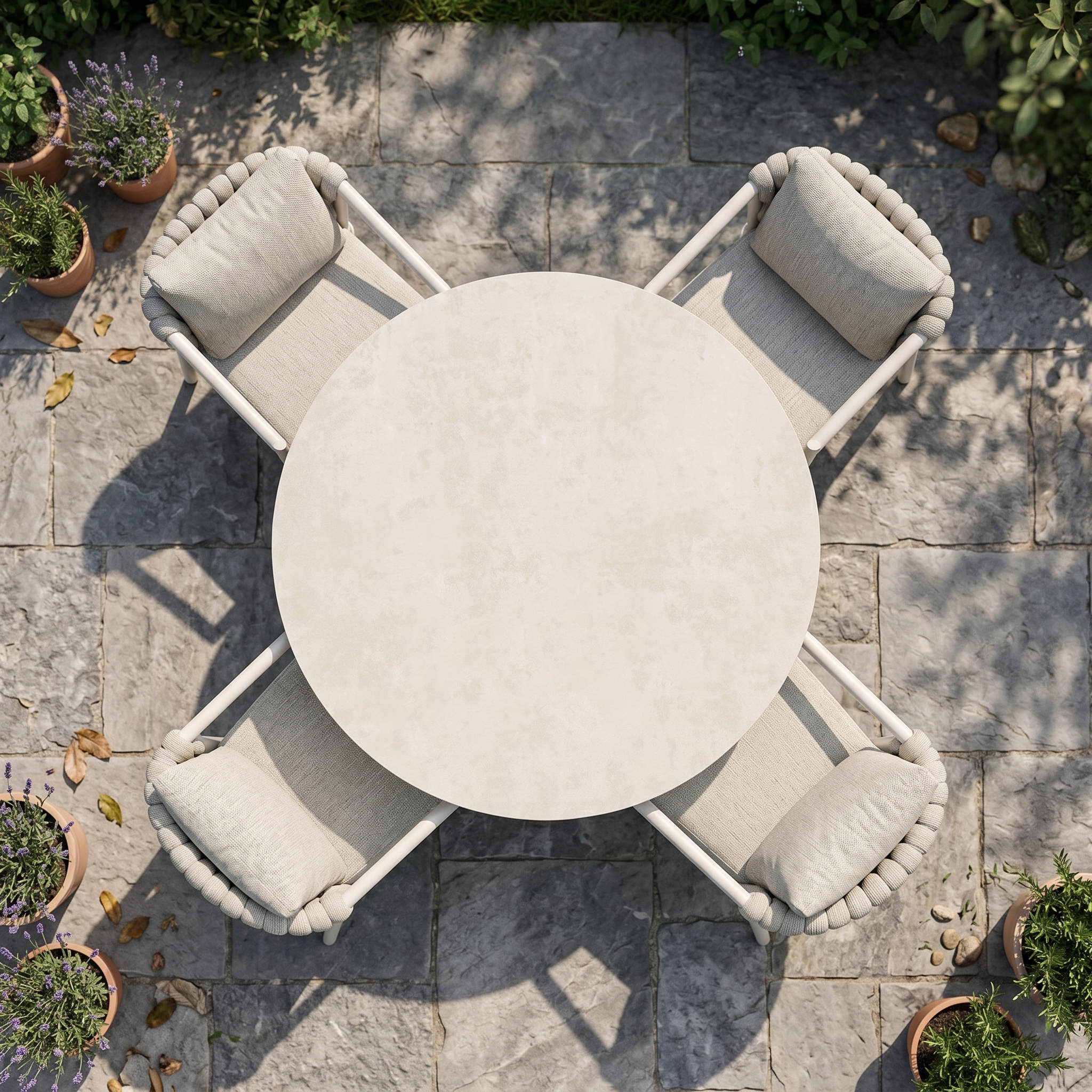 Vue de haut du plateau de la table de jardin ronde Nexa en pierre frittée couleur sable