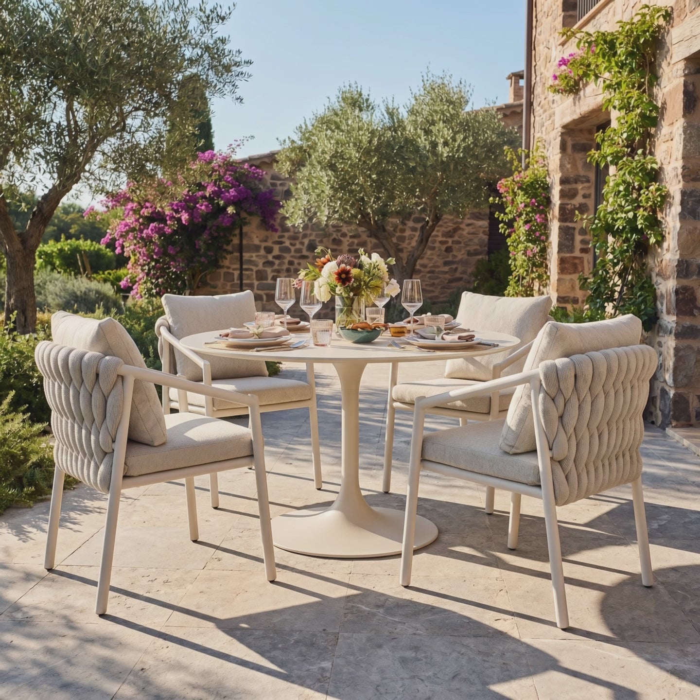 Présentation vidéo de l'ensemble de jardin Nexa : table ronde en pierre frittée et 4 chaises Savio