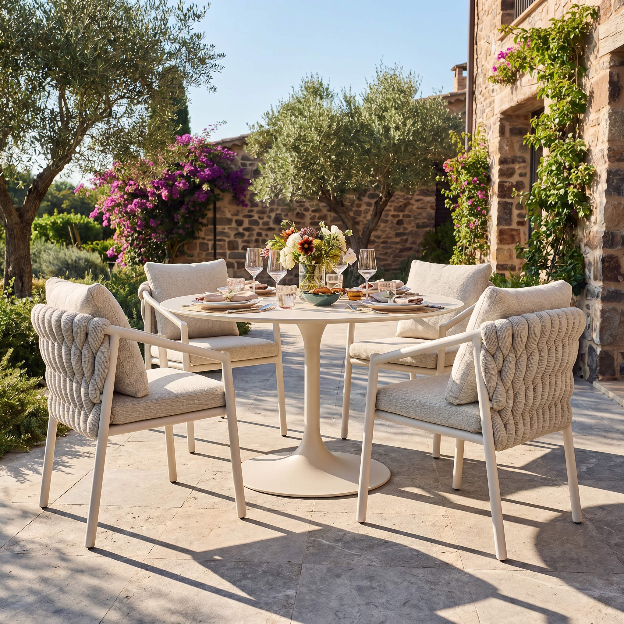 Chaise de jardin Savio avec structure en corde tressée et coussin confortable couleur lin